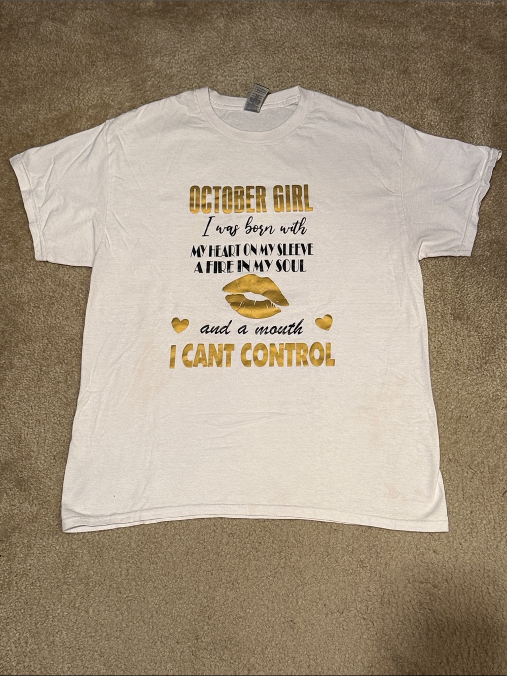 Gildan White Graphic Tee with Gold Print - "October Girl"